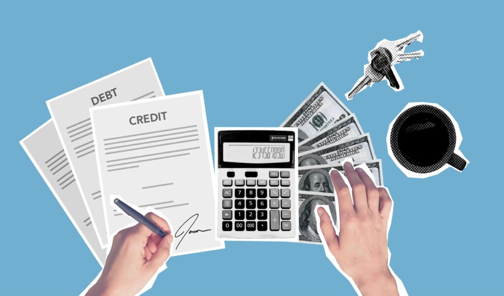 Como Melhorar Score de Crédito: documentos financeiros, calculadora e dinheiro utilizados no planejamento financeiro.