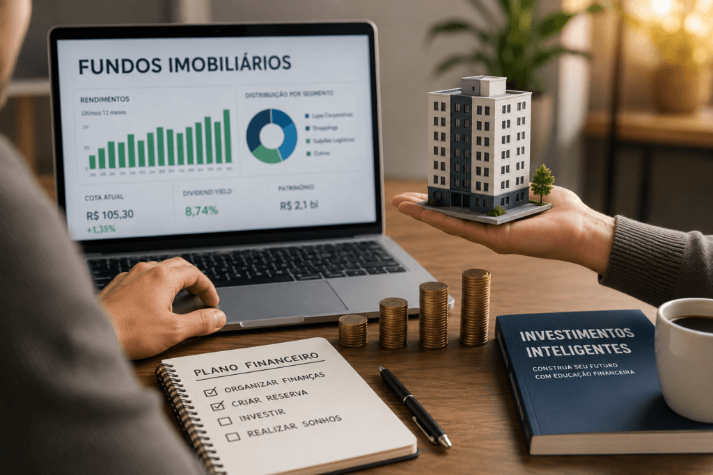 Pessoa analisando fundos imobiliários em um notebook com gráfico de investimentos, miniatura de prédio e moedas sobre a mesa.