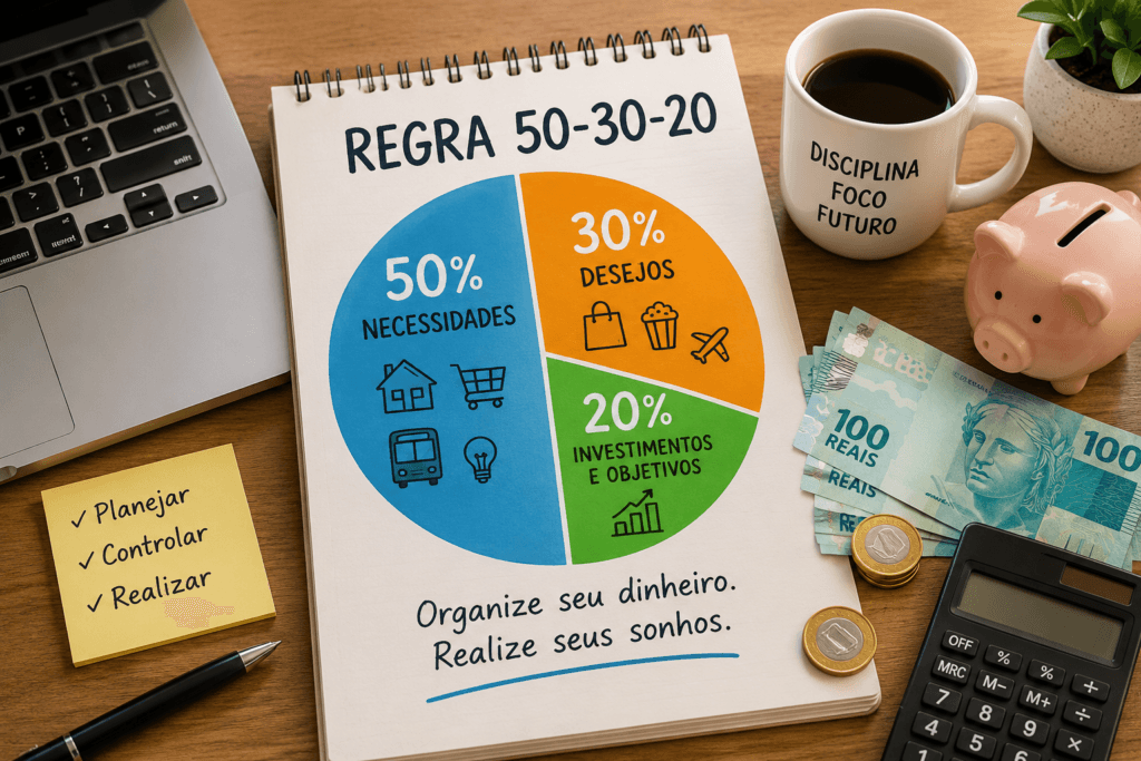 Ilustração da Regra 50-30-20 mostrando a divisão do orçamento em 50% necessidades, 30% desejos e 20% investimentos.