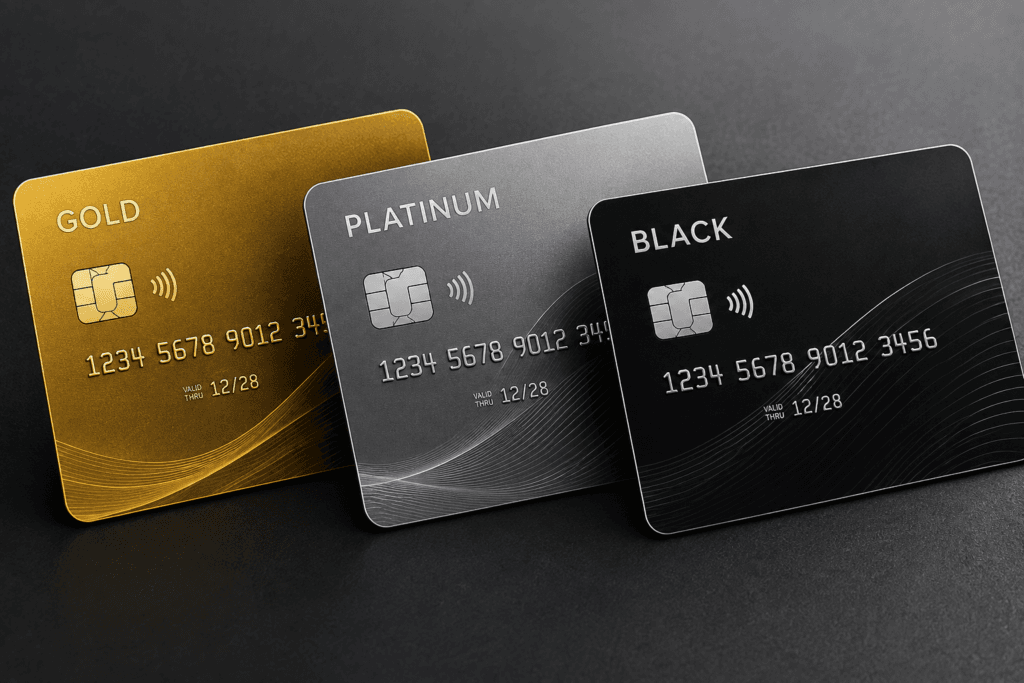 Comparação visual entre cartões de crédito Black, Platinum e Gold, mostrando as três categorias lado a lado.