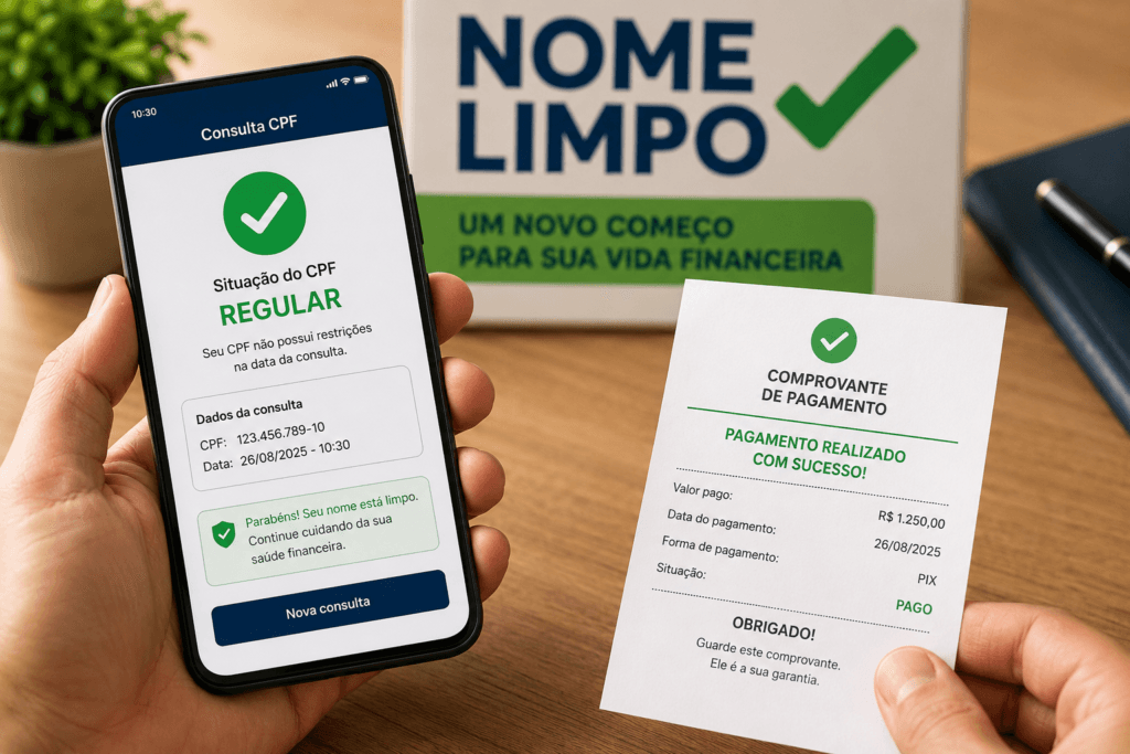 Pessoa consultando o CPF após pagar uma dívida e limpar o nome
