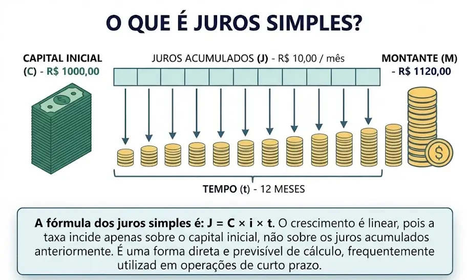 Infográfico da Calculadora de Juros Simples: Gráfico de barras mostrando o crescimento linear de um capital inicial de R$ 1.000,00 com juros acumulados de R$ 10,00 por mês durante 12 meses, resultando em um montante de R$ 1.120,00. Inclui a fórmula J = C x i x t.
